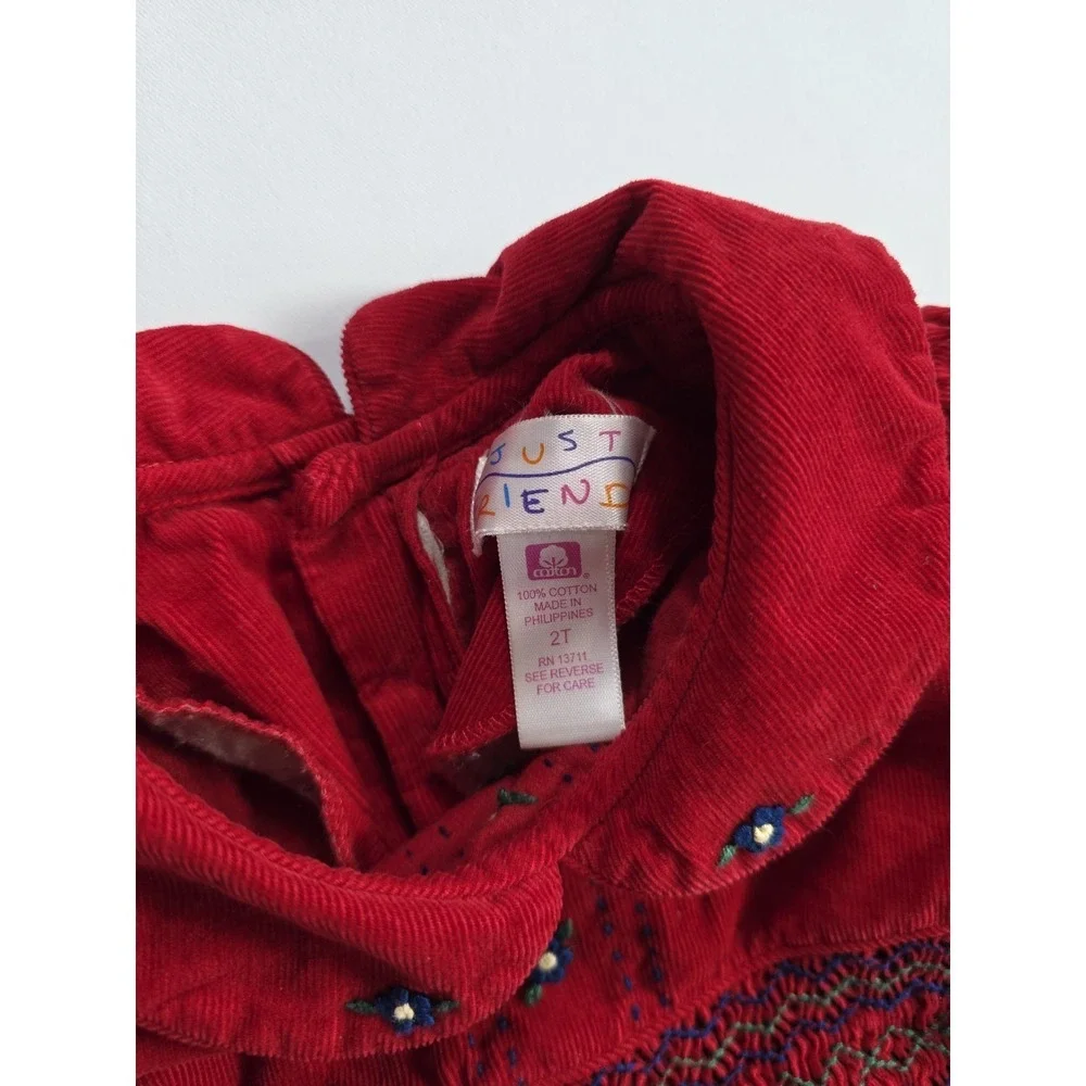 Vintage Just Friends Baby Girl Red Corduroy Dress Smocked Collar 2T Holiday